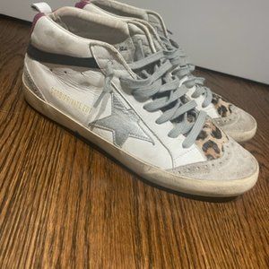 Golden Goose Midstar White Leather with Leopard and Silver Sneakers